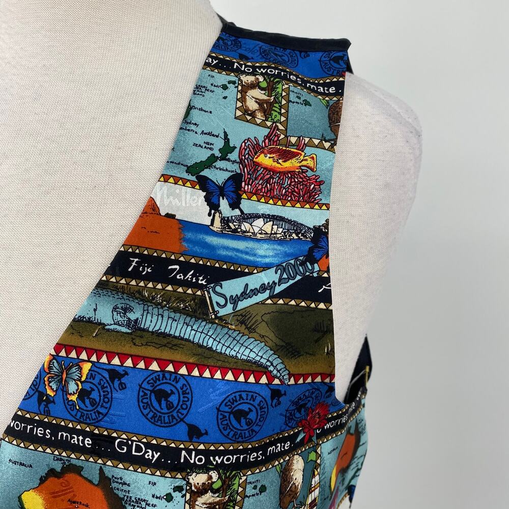 Vintage 90s Nicole Miller Silk Vest Australia Pattern Black Blue Red NEW Large - Picture 5 of 12